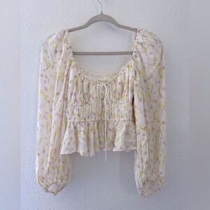 For Love & Lemons Smocked Crop Floral Puff Long Sleeve Blouse Size L